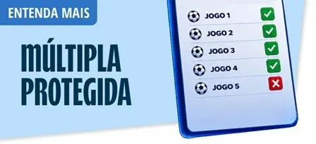Banner do operador explicando um recurso de aposta múltipla com proteção, ilustrado por uma lista de jogos em um celular.